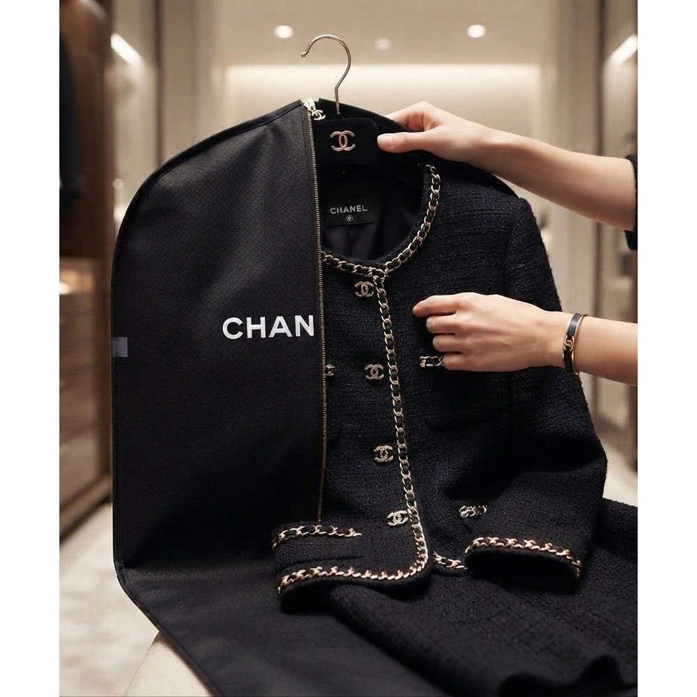 CHANEL Authentic Garment Bag & Velvet Gold CC Hanger Black Logo Suit Cover EUC